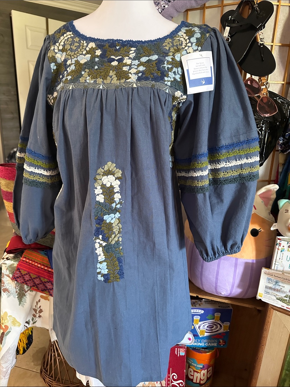 Mi Golondrina Blue Hand Embroidered Peasant Dress w/ Floral Detail Size M • NWT - Picture 2 of 7